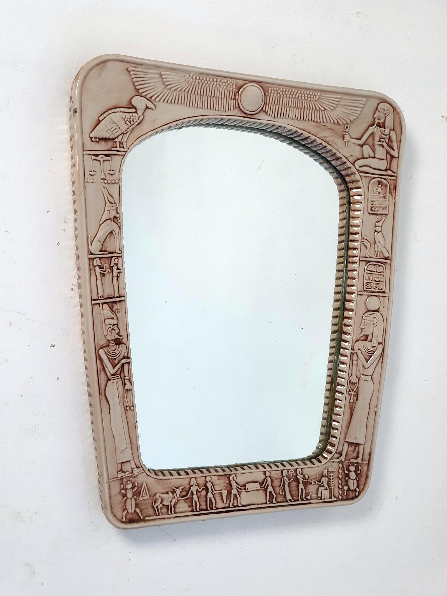 20th Century Midcentury Ceramic Mirror with Egyptian Decor, Italy For Sale