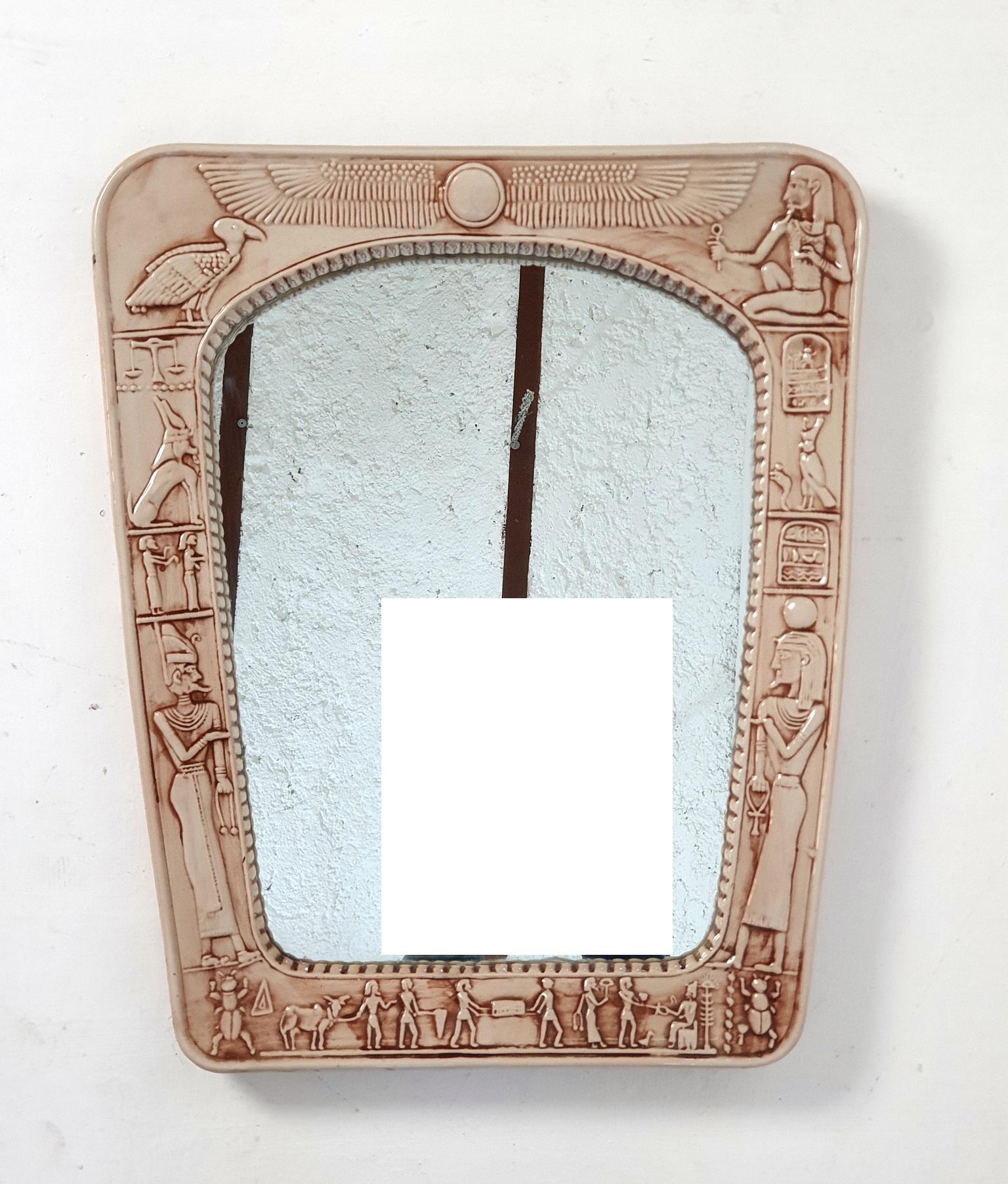 Midcentury Ceramic Mirror with Egyptian Decor, Italy For Sale 1