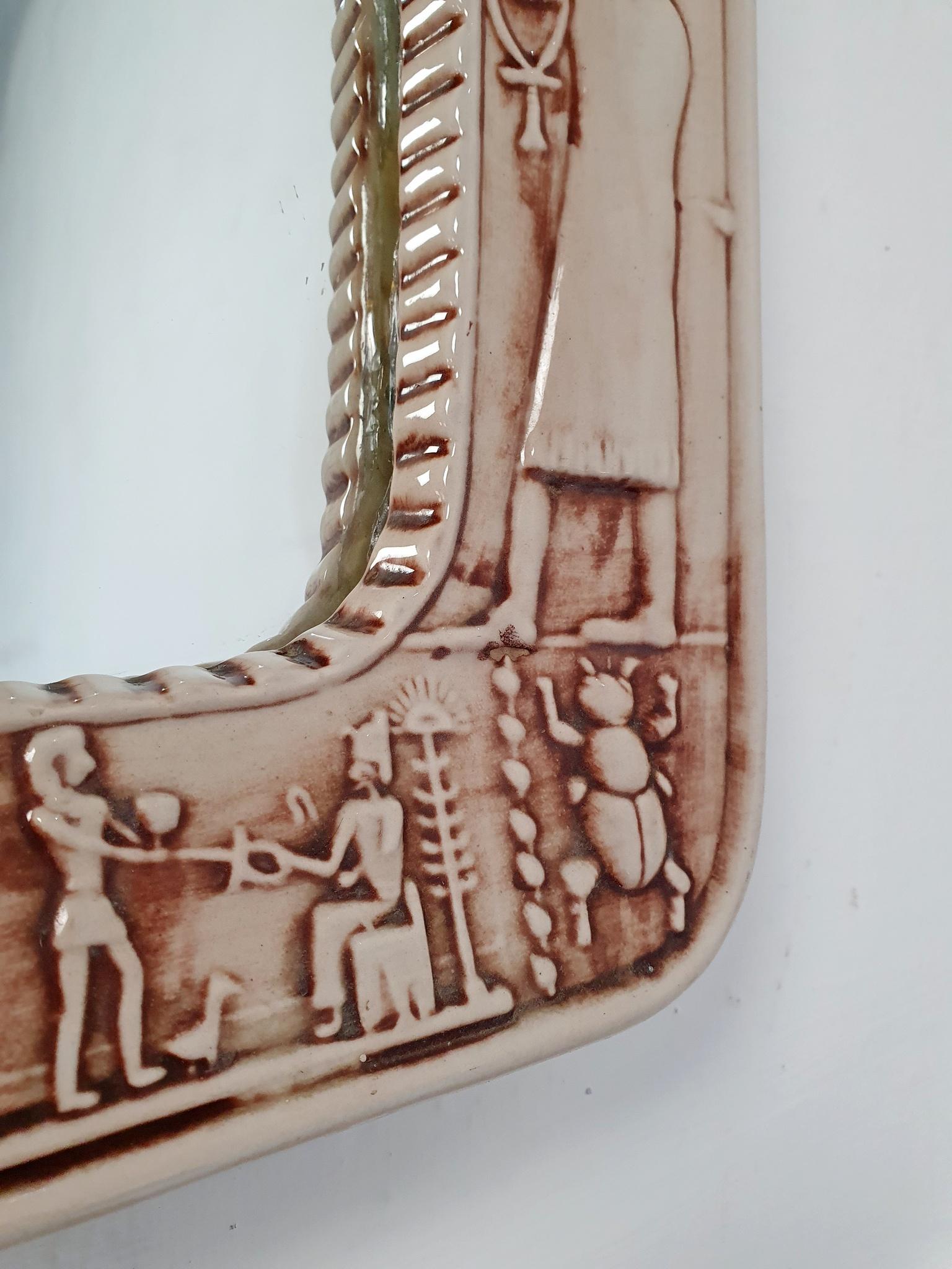 Midcentury Ceramic Mirror with Egyptian Decor, Italy For Sale 2