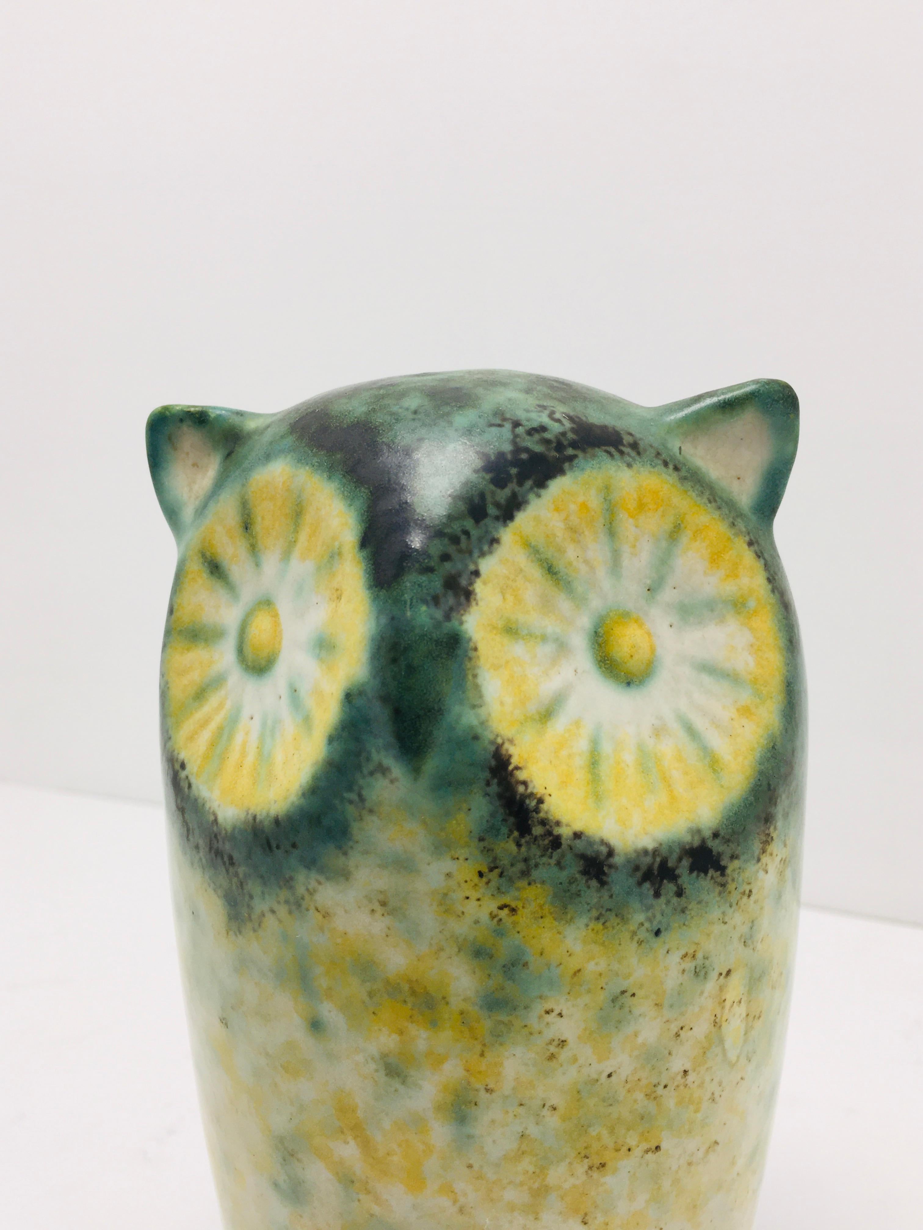 Mid-Century Modern Mid-Century Green Ceramic Owl Sculpture Bird Figure 1960s For Sale