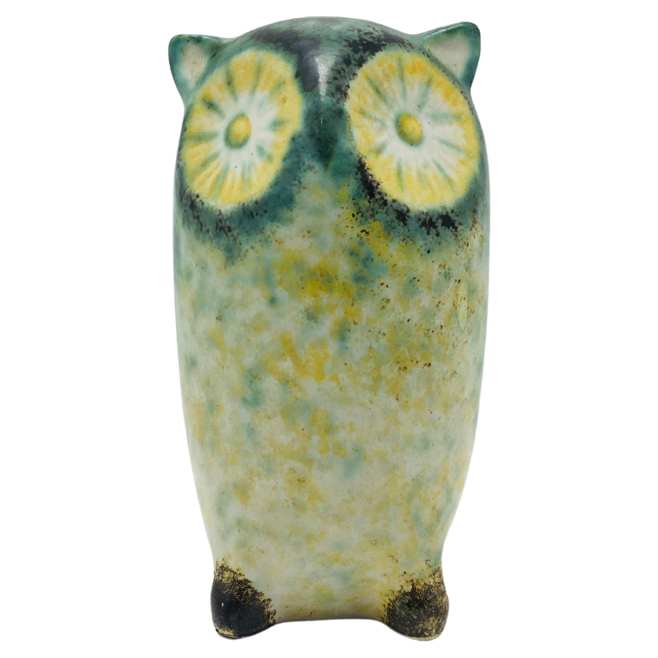 Mid-Century Green Ceramic Owl Sculpture Bird Figure 1960s For Sale