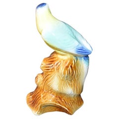 Mid Century Ceramic Parakeet Bird Statue in Blue Green and Yellow