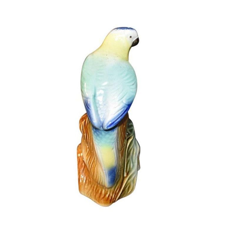 Mid-Century Modern Mid Century Ceramic Parakeet Bird Statue in Blue Green and Yellow For Sale