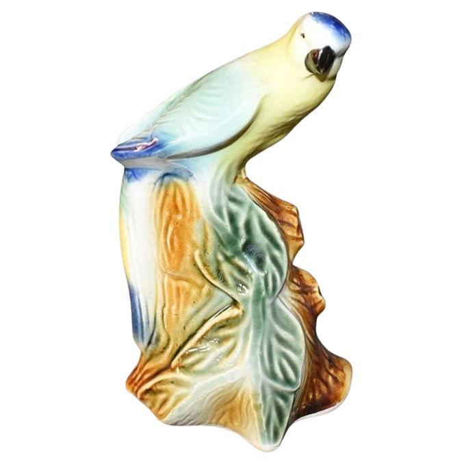 Mid Century Ceramic Parakeet Bird Statue in Blue Green and Yellow For Sale