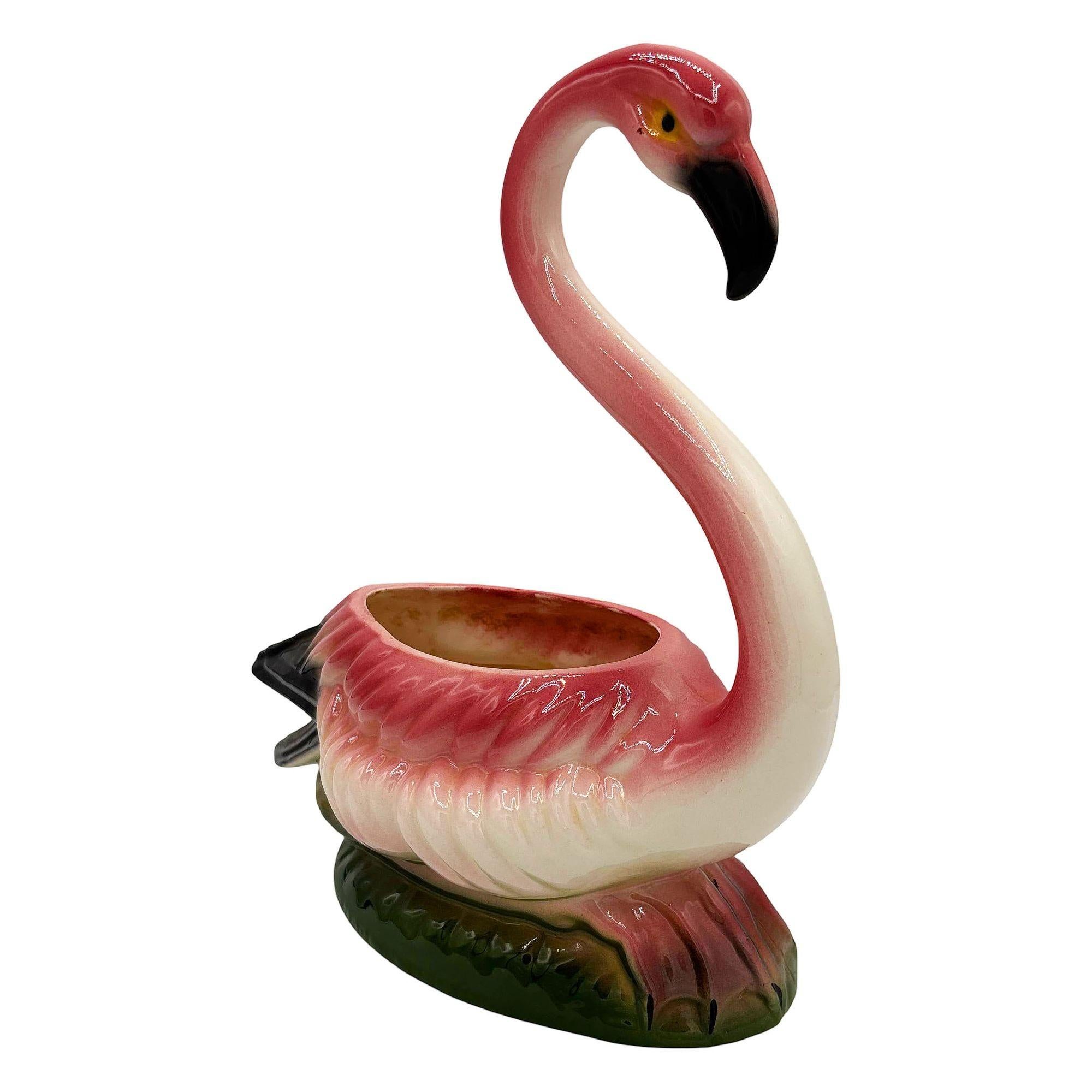 Mid-Century Modern Mid-century Ceramic Pink Flamingo Flower Table Planter, California For Sale