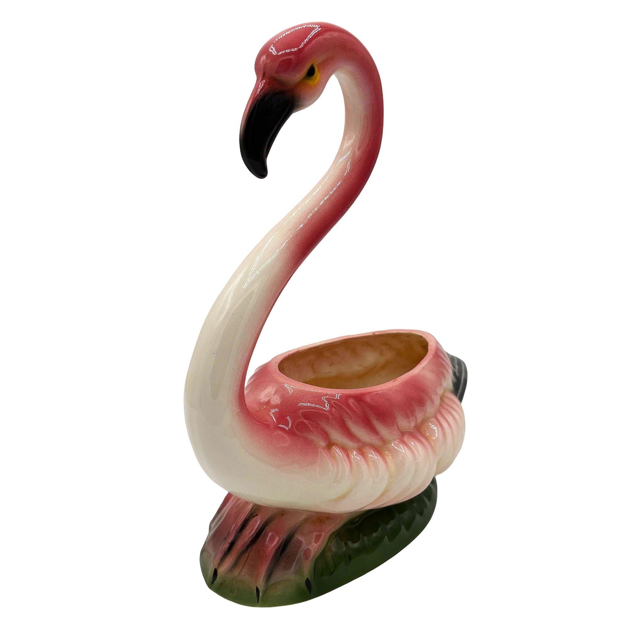 American Mid-century Ceramic Pink Flamingo Flower Table Planter, California For Sale