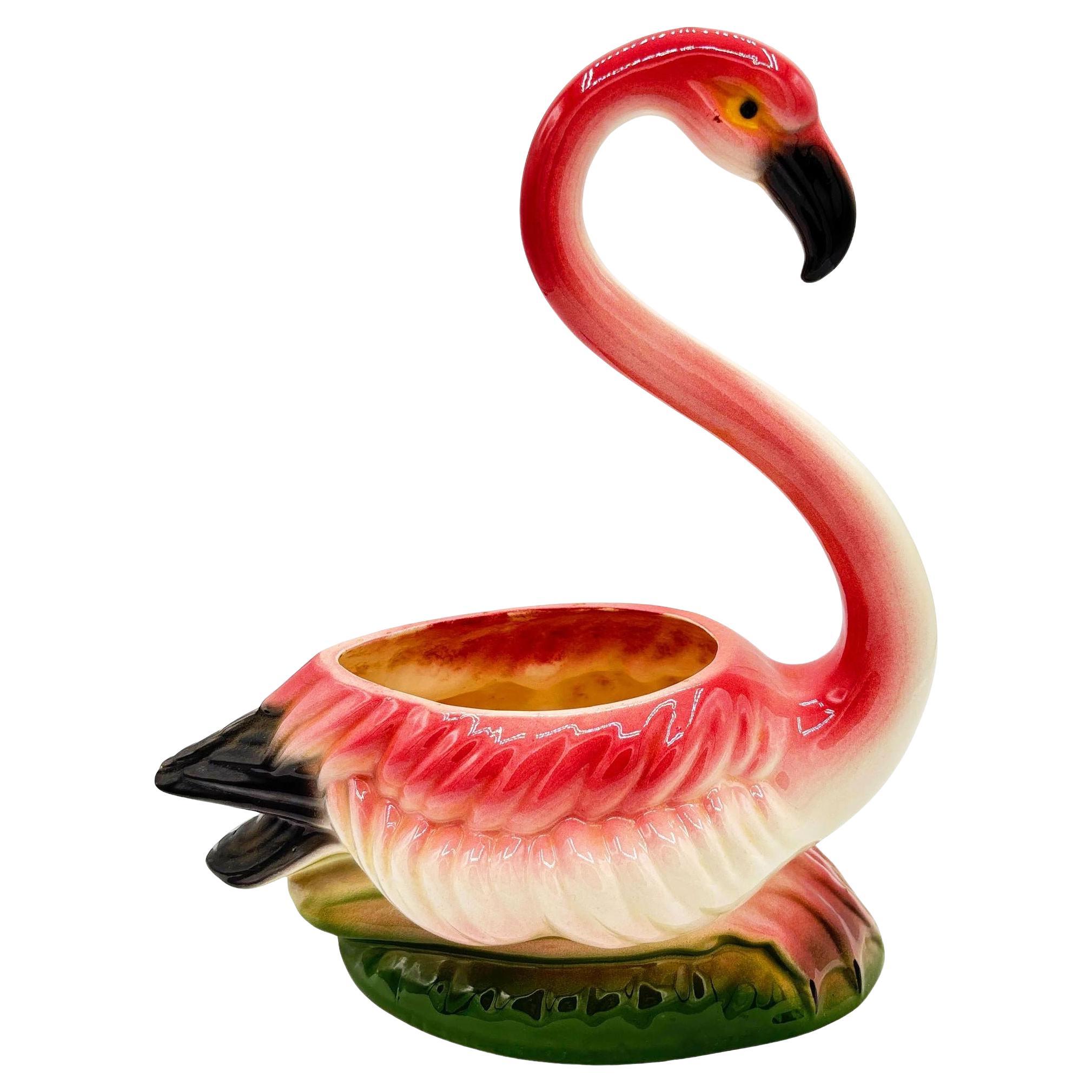 Mid-century Ceramic Pink Flamingo Flower Table Planter, California For Sale