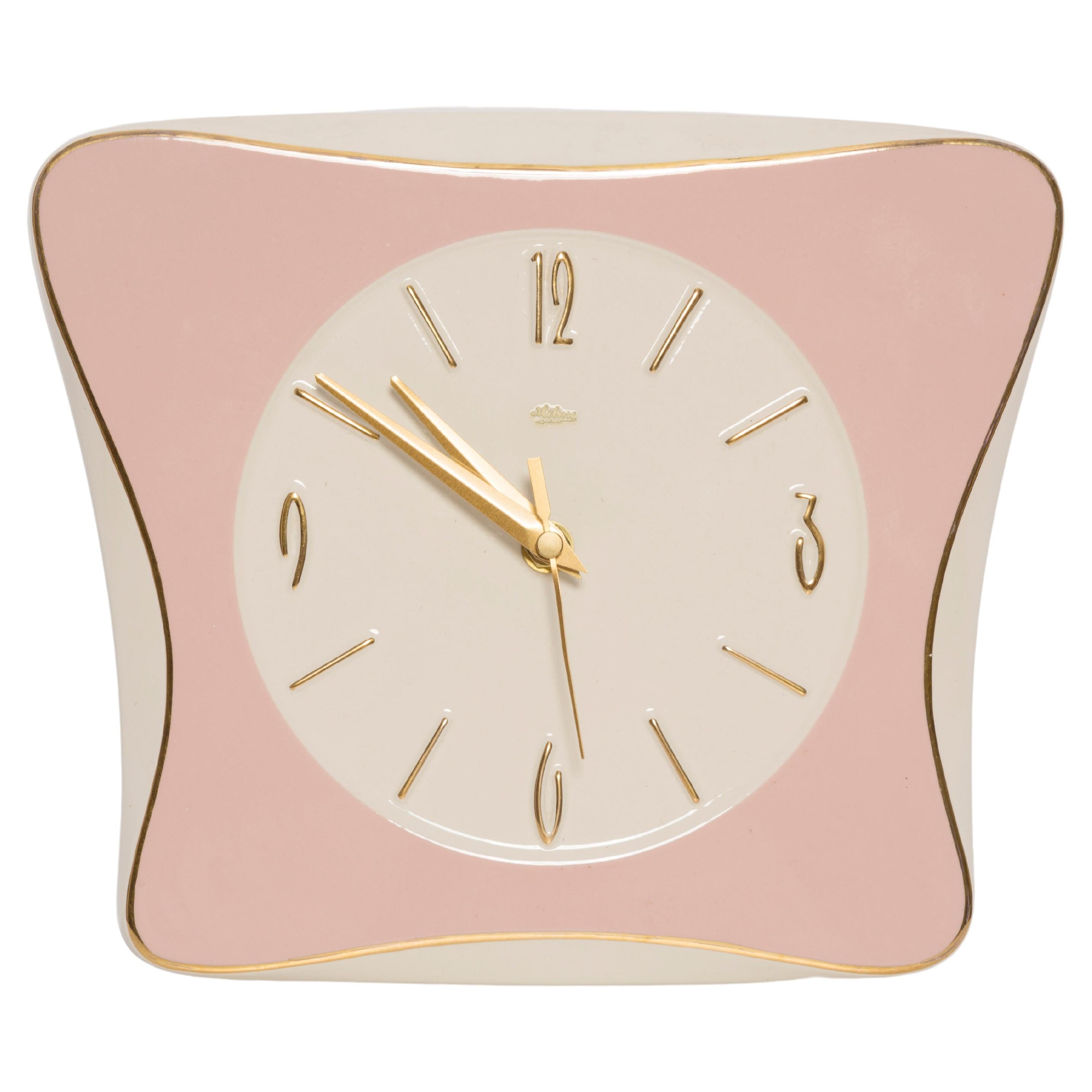 Mid Century Ceramic Pink Wall Clock, Mehne, Germany, 1960s