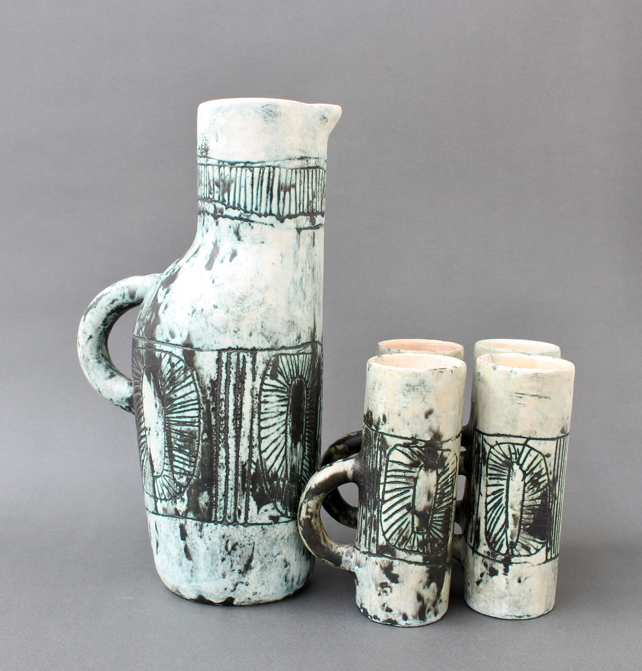 Mid-Century Modern Mid-Century Ceramic Pitcher and Set of Drinking Cups by Jacques Blin, circa 1950 For Sale