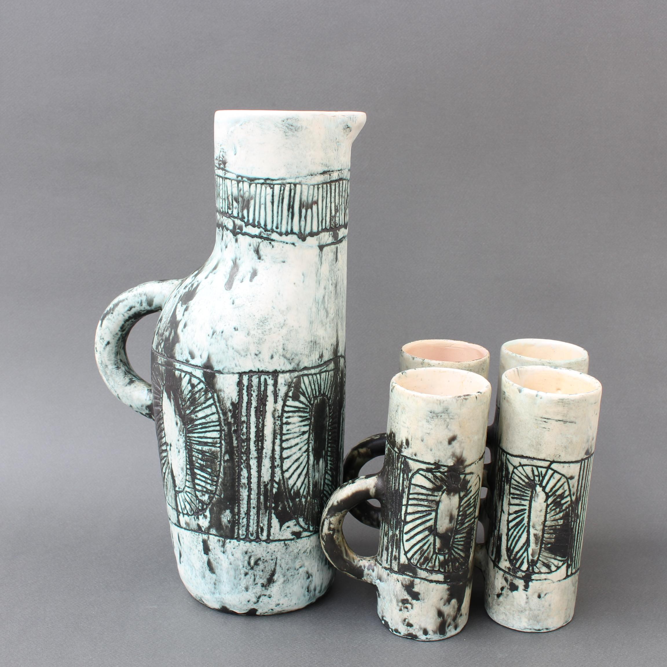 French Mid-Century Ceramic Pitcher and Set of Drinking Cups by Jacques Blin, circa 1950 For Sale