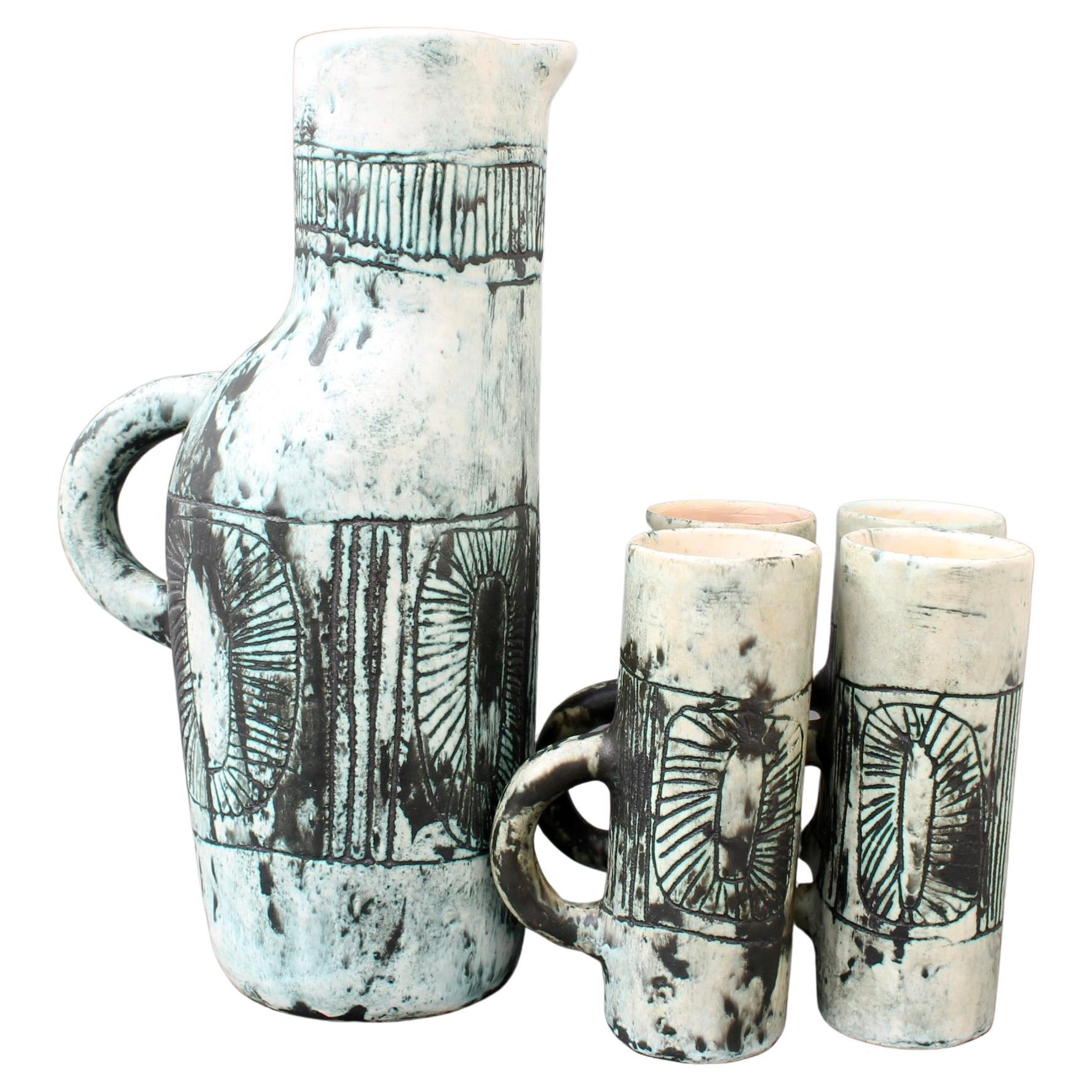 Mid-Century Ceramic Pitcher and Set of Drinking Cups by Jacques Blin, circa 1950 For Sale