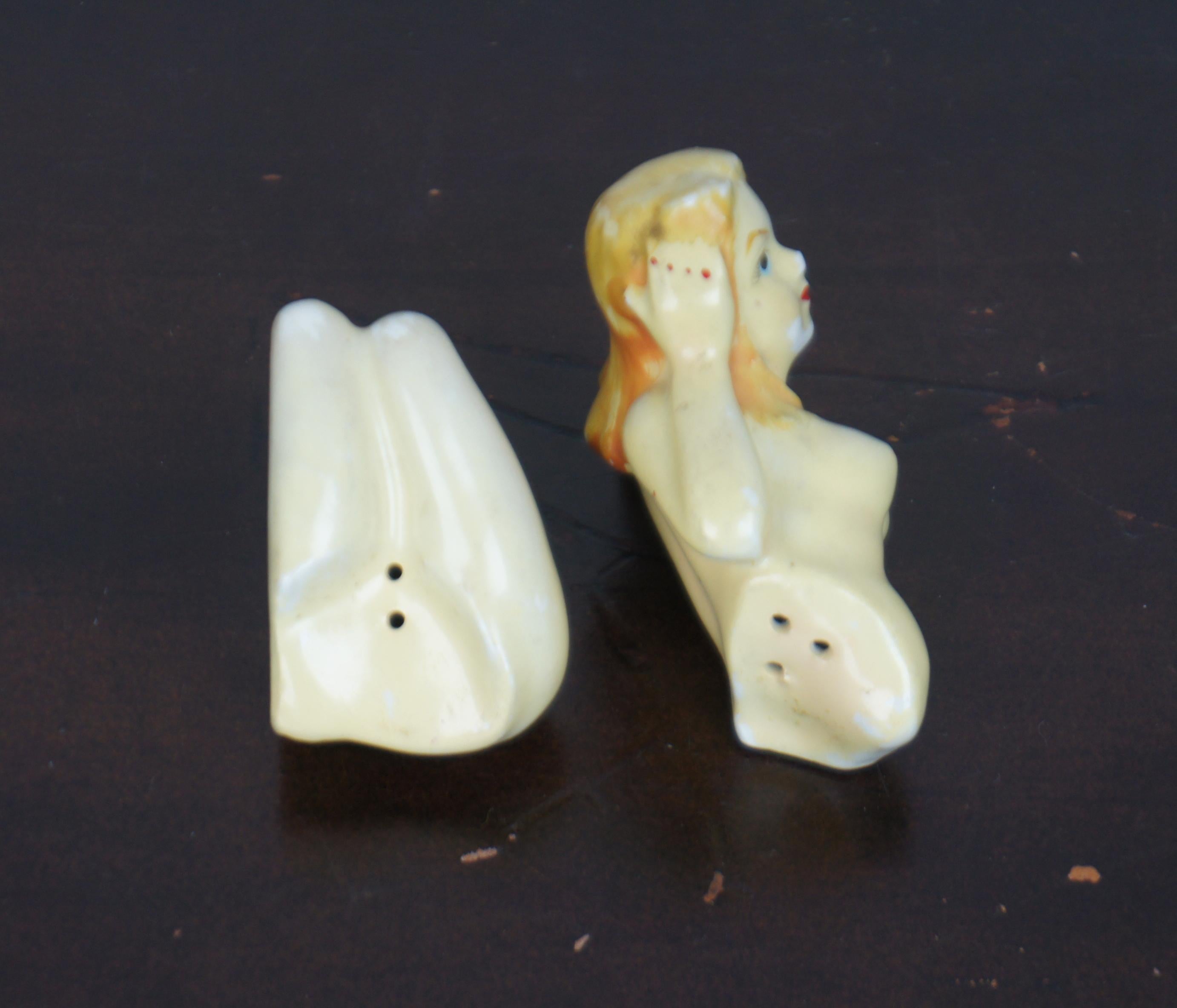 Mid-Century Modern Midcentury Ceramic Risque Nude Pin Up Girl Split Lady Salt and Pepper Shakers