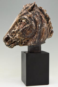 Midcentury Ceramic Sculpture Bust of a Horse Signed Schor, 1970