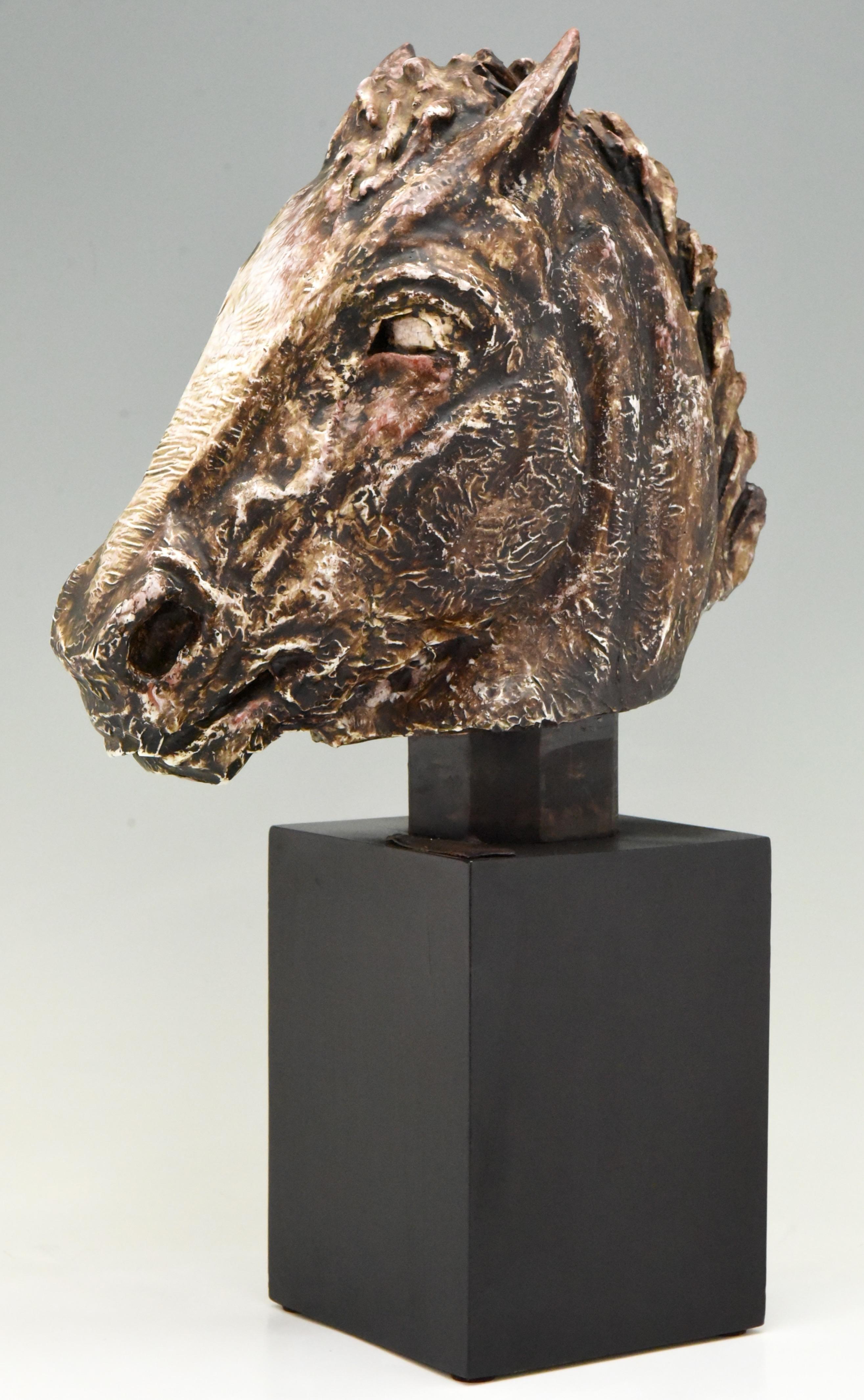 Mid-Century Modern Midcentury Ceramic Sculpture Bust of a Horse Signed Schor, 1970 For Sale