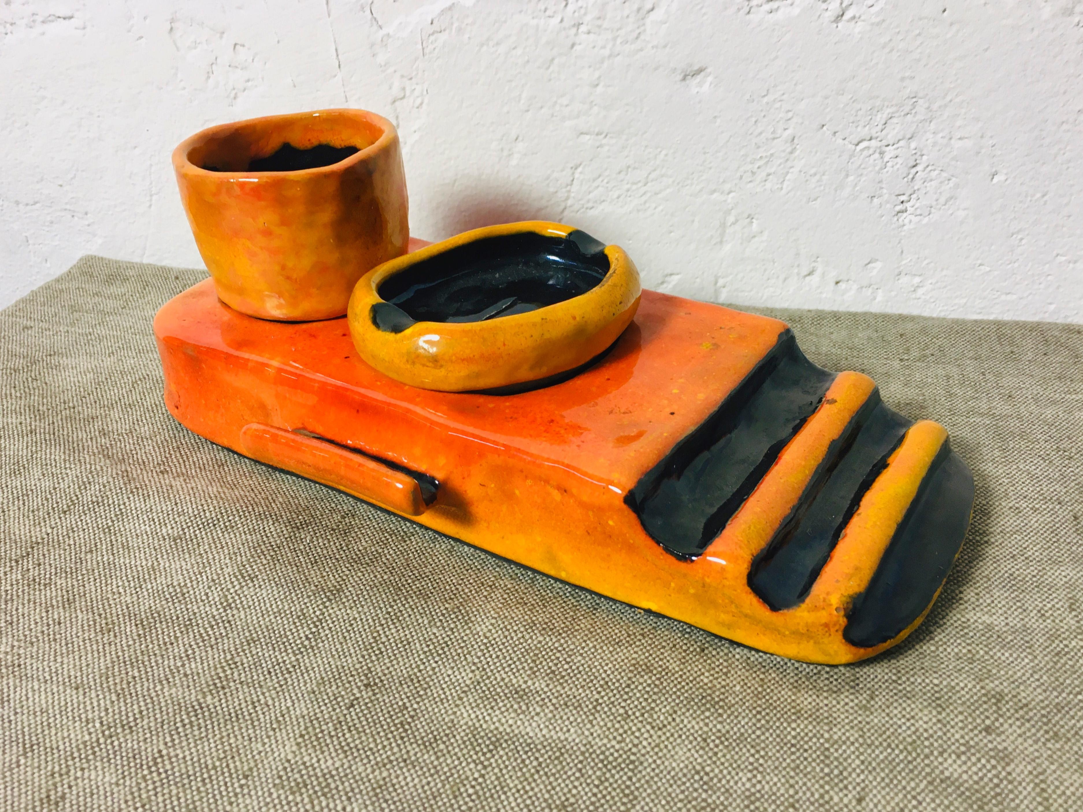 Mid-Century Modern Mid-Century Minimalist Orange-Black Glazed Ceramic Smoking Set For Sale
