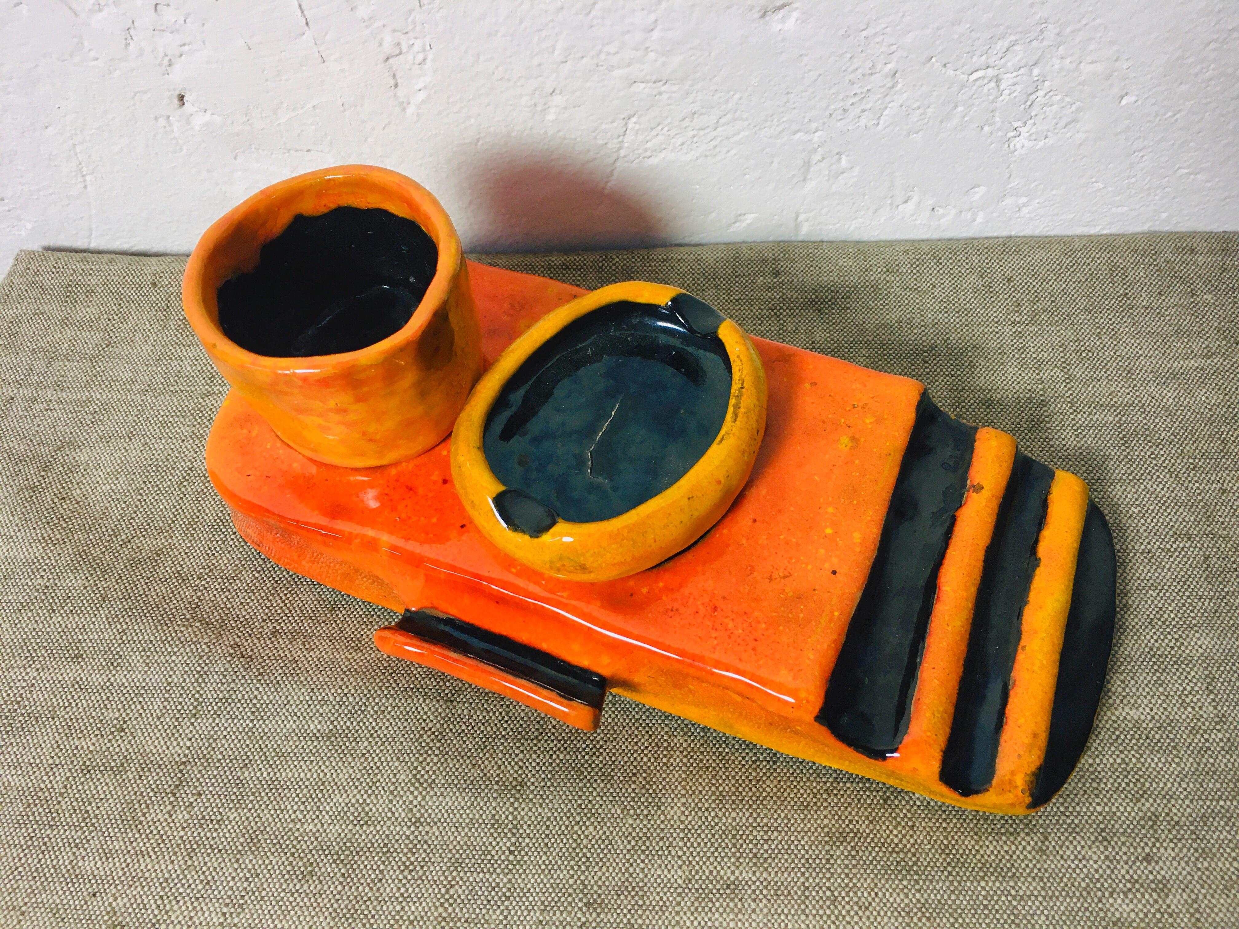 Hungarian Mid-Century Minimalist Orange-Black Glazed Ceramic Smoking Set For Sale