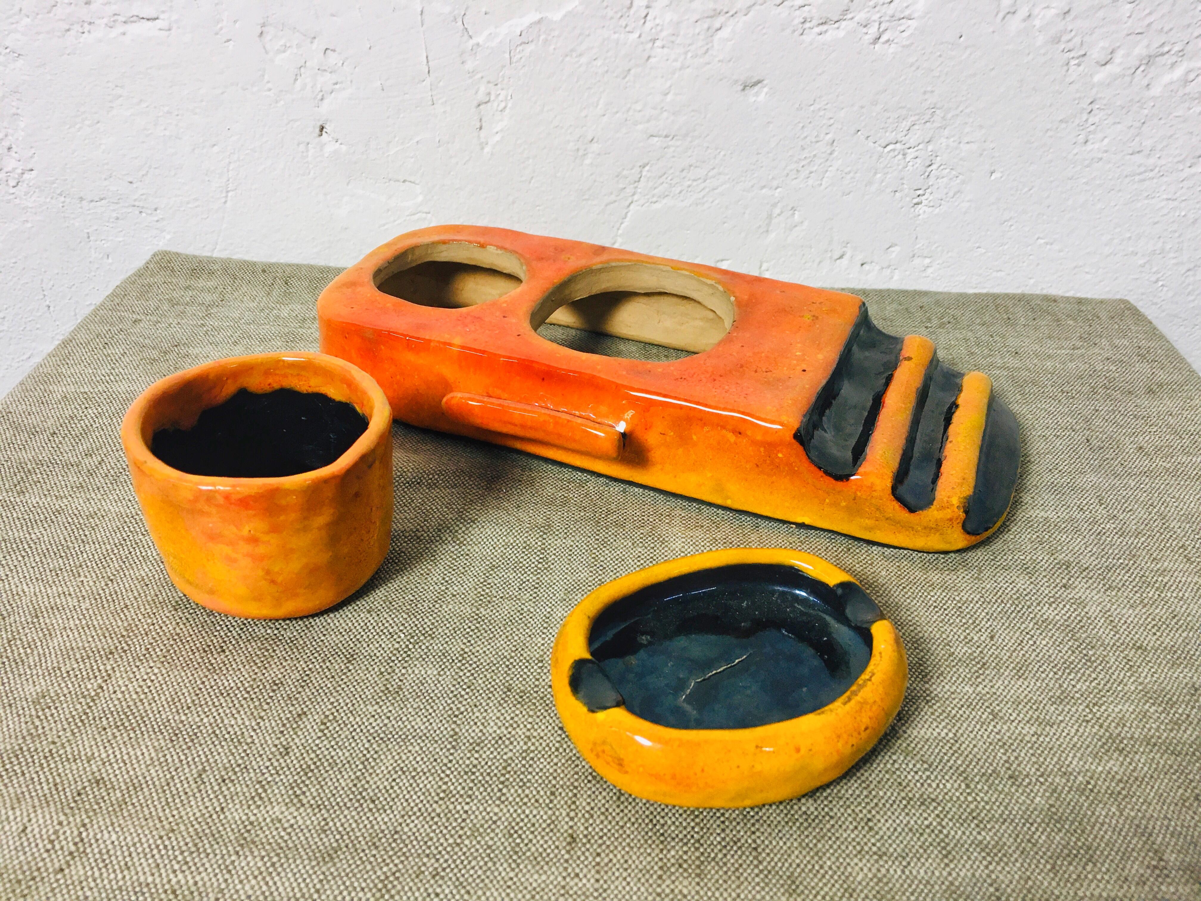 Hand-Crafted Mid-Century Minimalist Orange-Black Glazed Ceramic Smoking Set For Sale