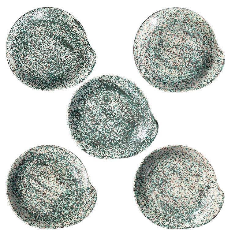 Mid Century Ceramic Snack Cocktail Plates in Speckled Glazed Green - Set of 5 For Sale 1