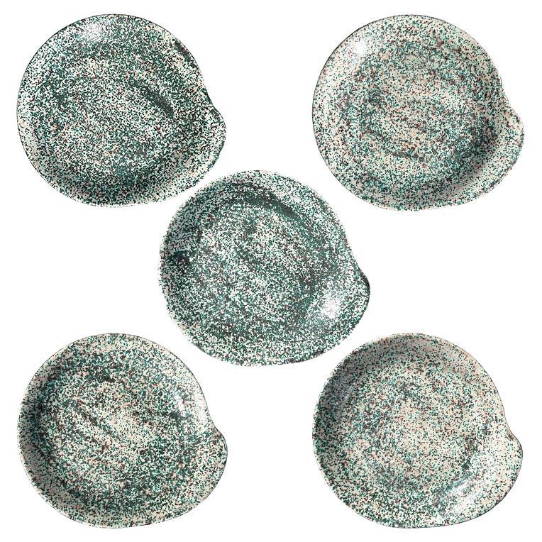 Mid Century Ceramic Snack Cocktail Plates in Speckled Glazed Green - Set of 5 For Sale