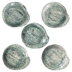 Mid Century Ceramic Snack Cocktail Plates in Speckled Glazed Green - Set of 5