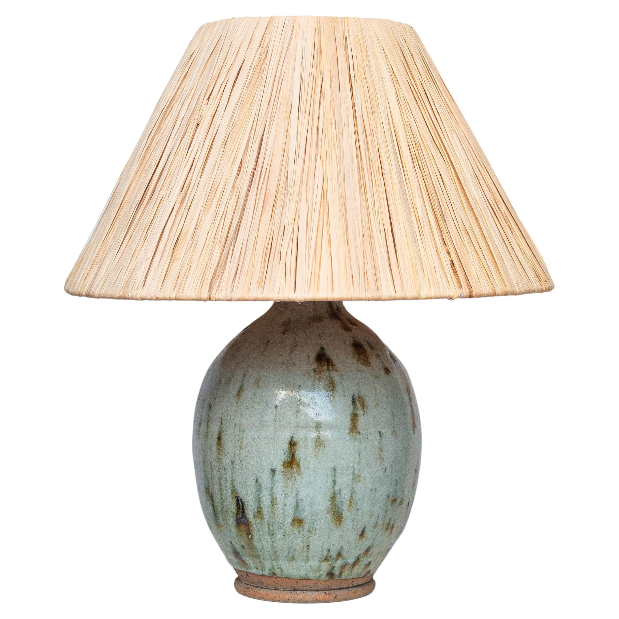 Mid-Century Ceramic Table Lamp - Blue Green Glaze 
Raffia Lamp - France 1960s