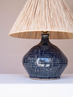Mid-Century Ceramic Table Lamp - Blue Pyrite Glaze & Raffia Lamp - France 1960s