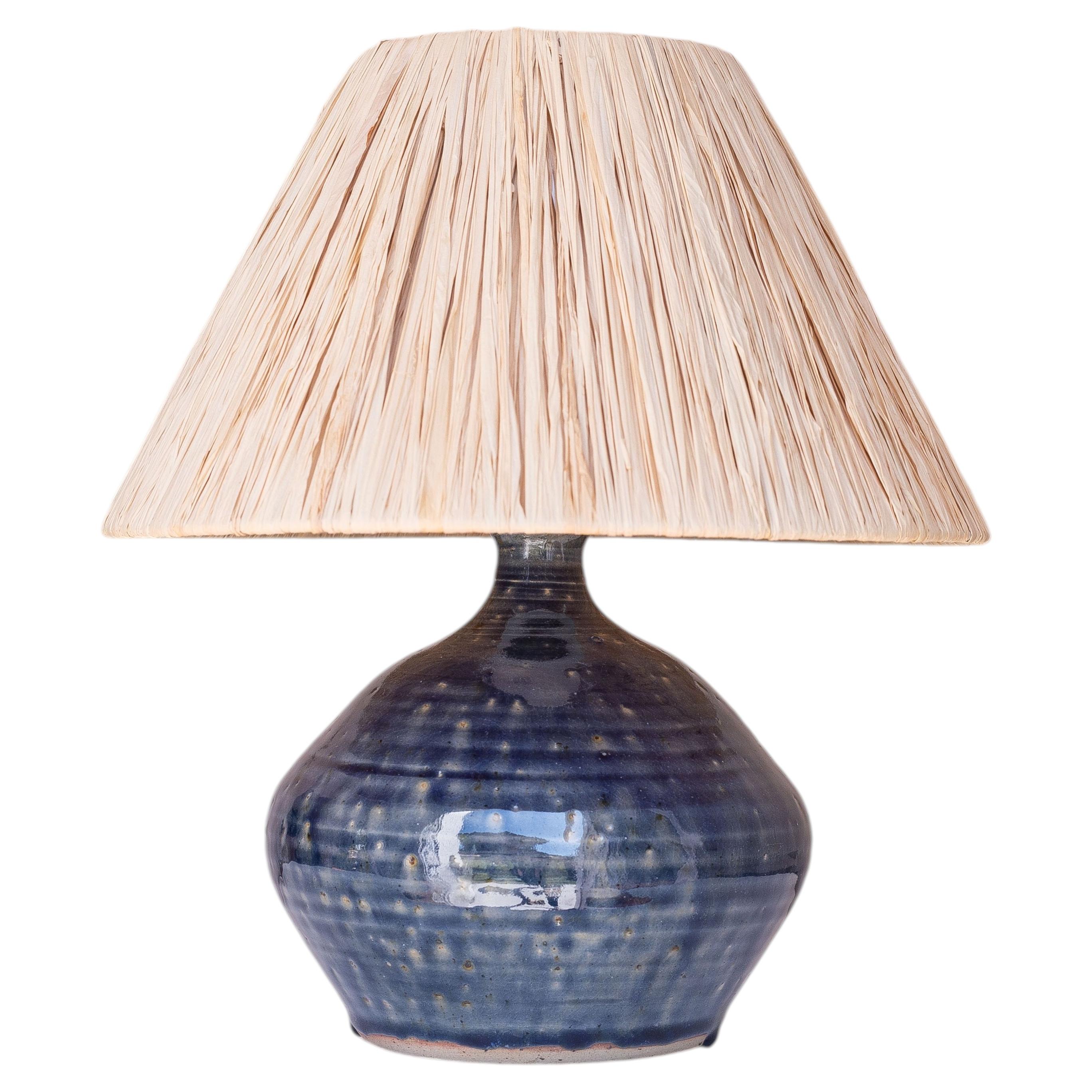 Mid-Century Ceramic Table Lamp - Blue Pyrite Glaze & Raffia Lamp - France 1960s