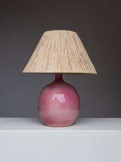 Mid-Century Ceramic Table Lamp - Pink Glazed Clay & Raffia Lamp - France 1960s