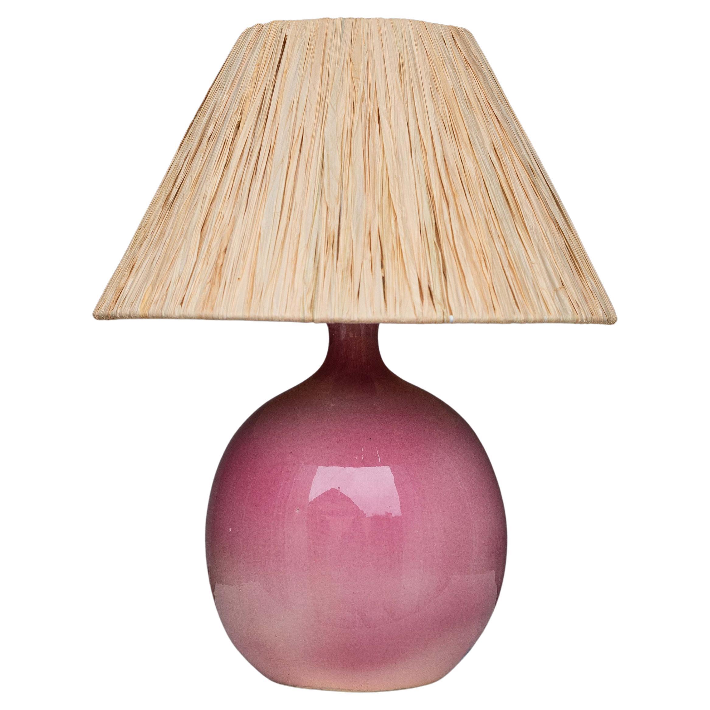 Mid-Century Ceramic Table Lamp - Pink Glazed Clay & Raffia Lamp - France 1960s