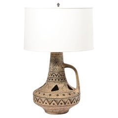 Mid-Century Ceramic Table Lamp w/ Geometric Umber Motifs & Organic Cutout Detail