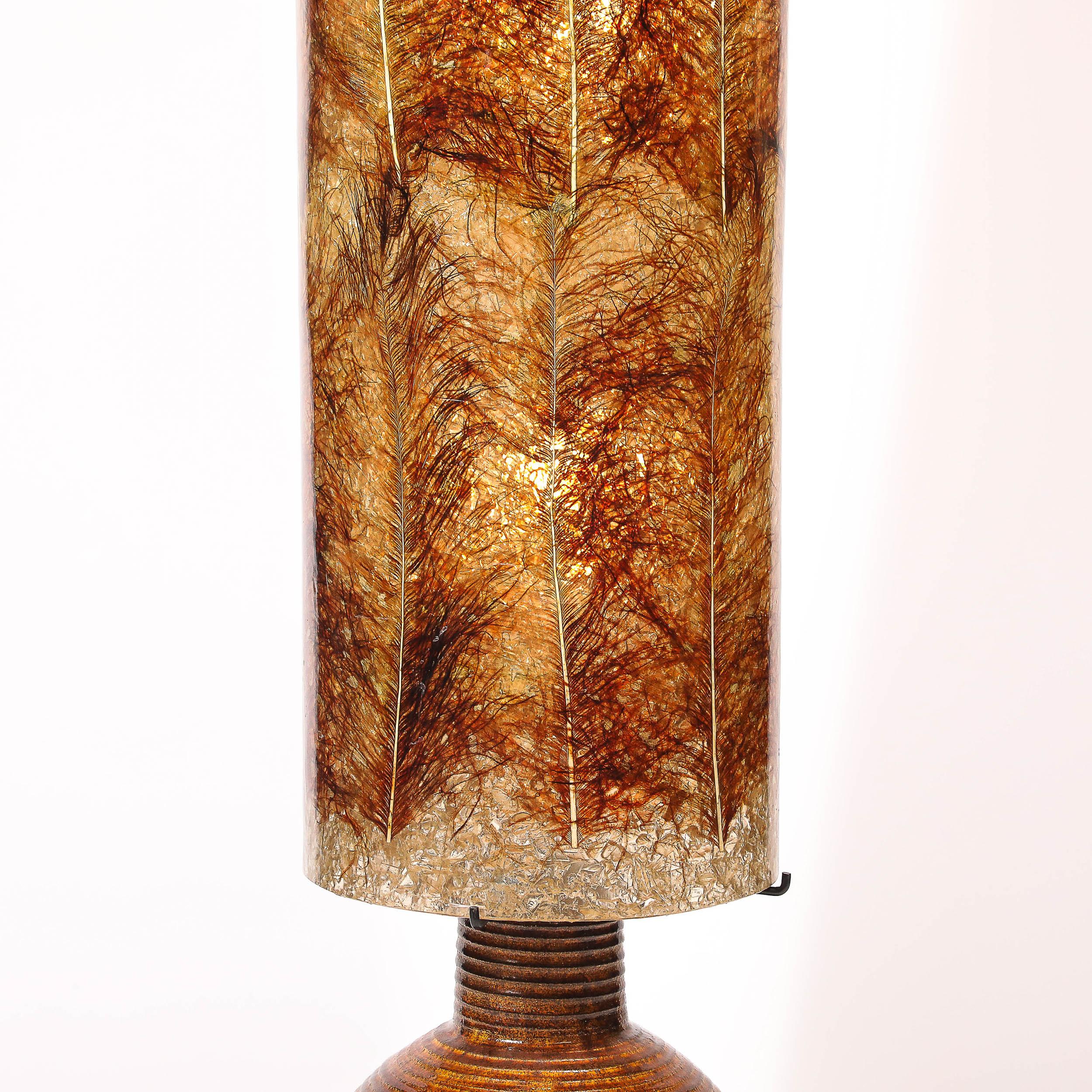 French Mid-Century Ceramic Table Lamp W/ Naturalist Resin Shade & Illuminated Cutout For Sale