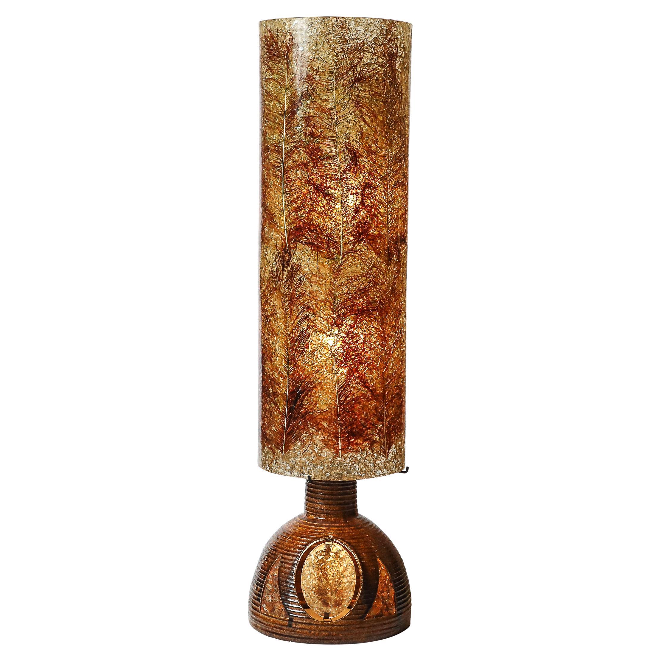 Mid-Century Ceramic Table Lamp W/ Naturalist Resin Shade & Illuminated Cutout For Sale