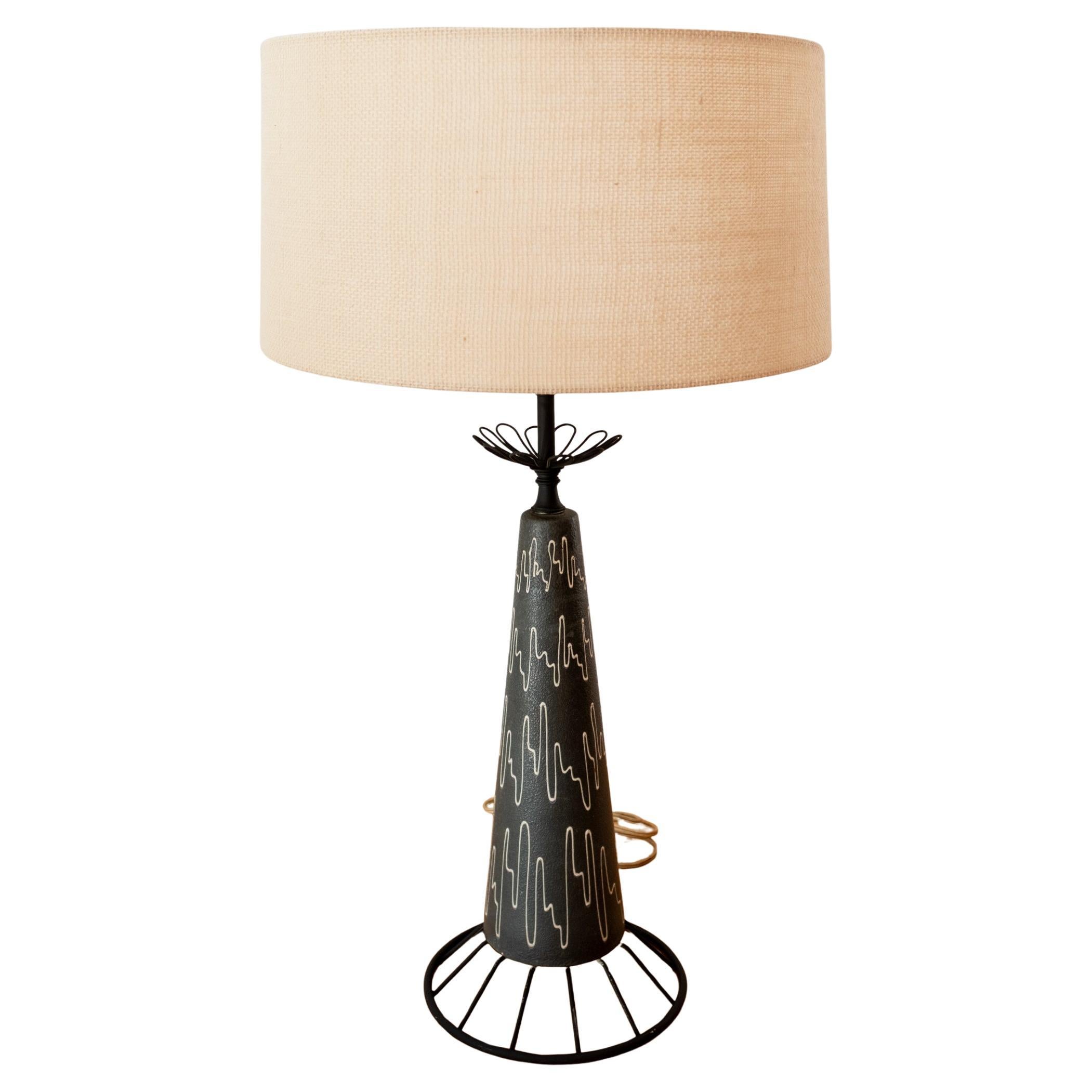 Mid Century Ceramic Table Lamp with Black Geometric Abstract Design, 1950s For Sale