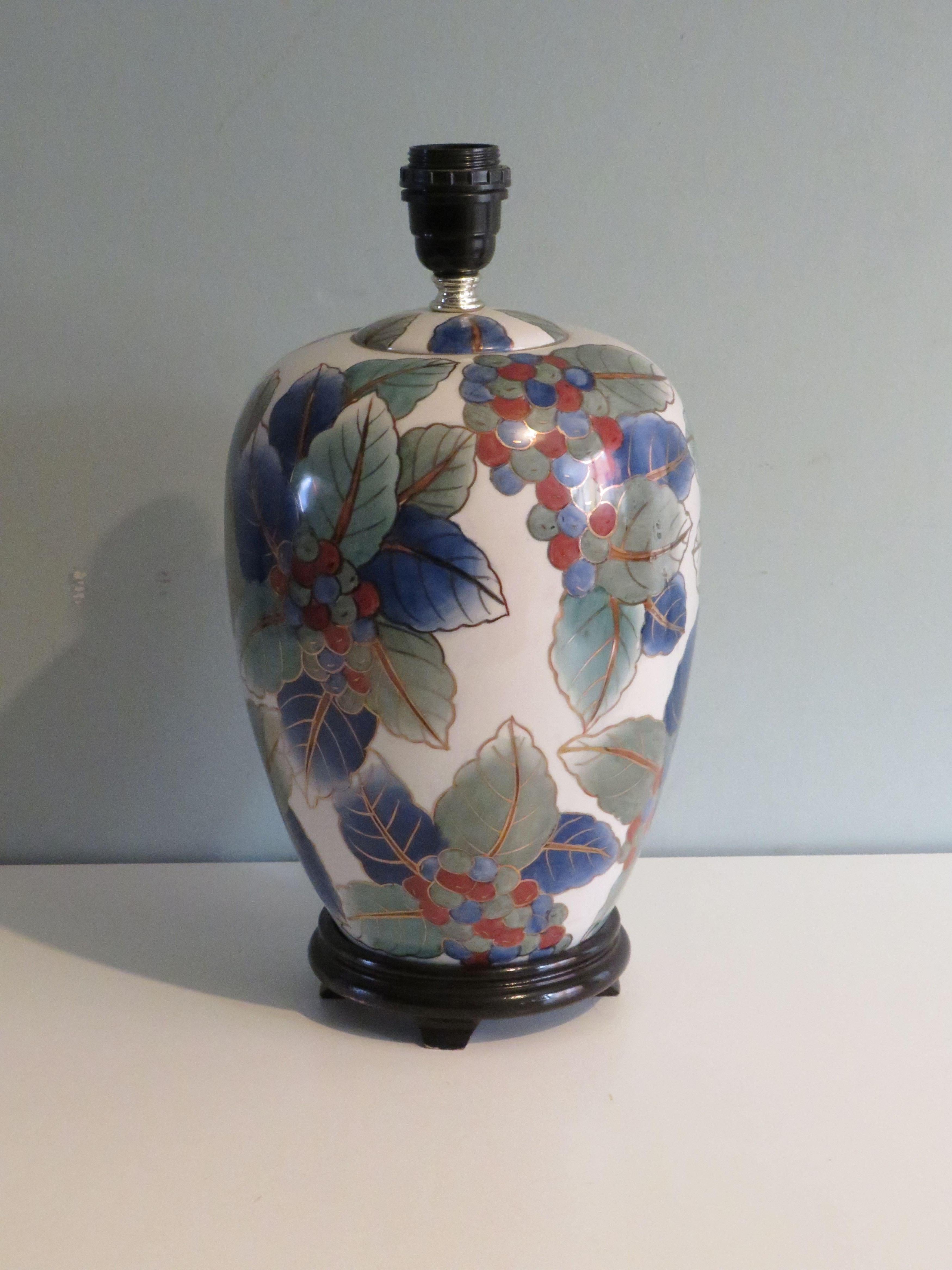 Ceramic Mid century ceramic table lamp with tangerine lampshade For Sale
