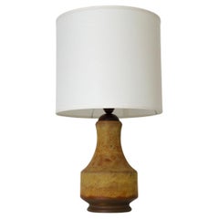 Mid-Century Ceramic Table Lamp with Wood and Brass Accents and Newer Linen Shade