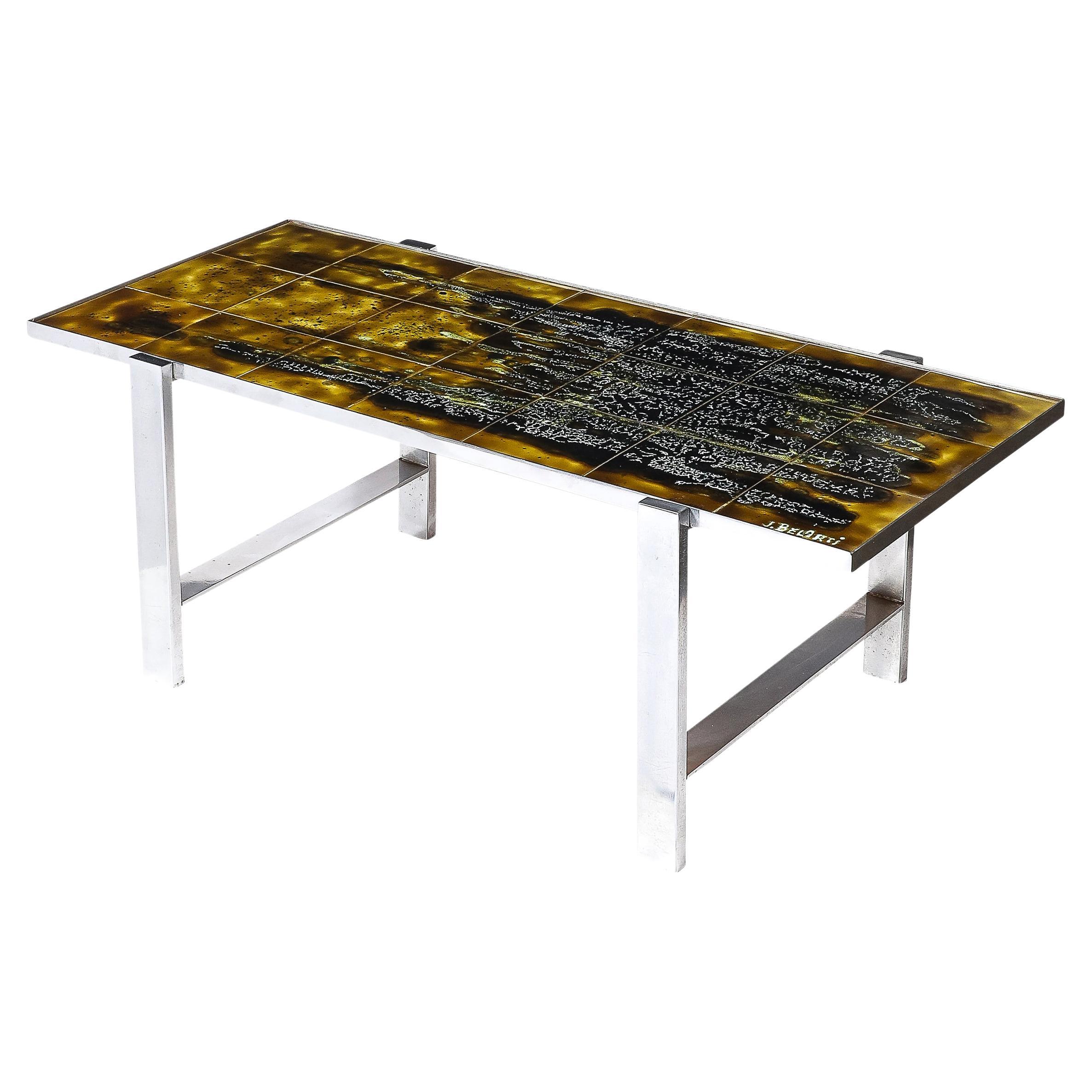 Mid-Century Ceramic Tile 
Polished Aluminum Coffee Table by Juliette Belarti