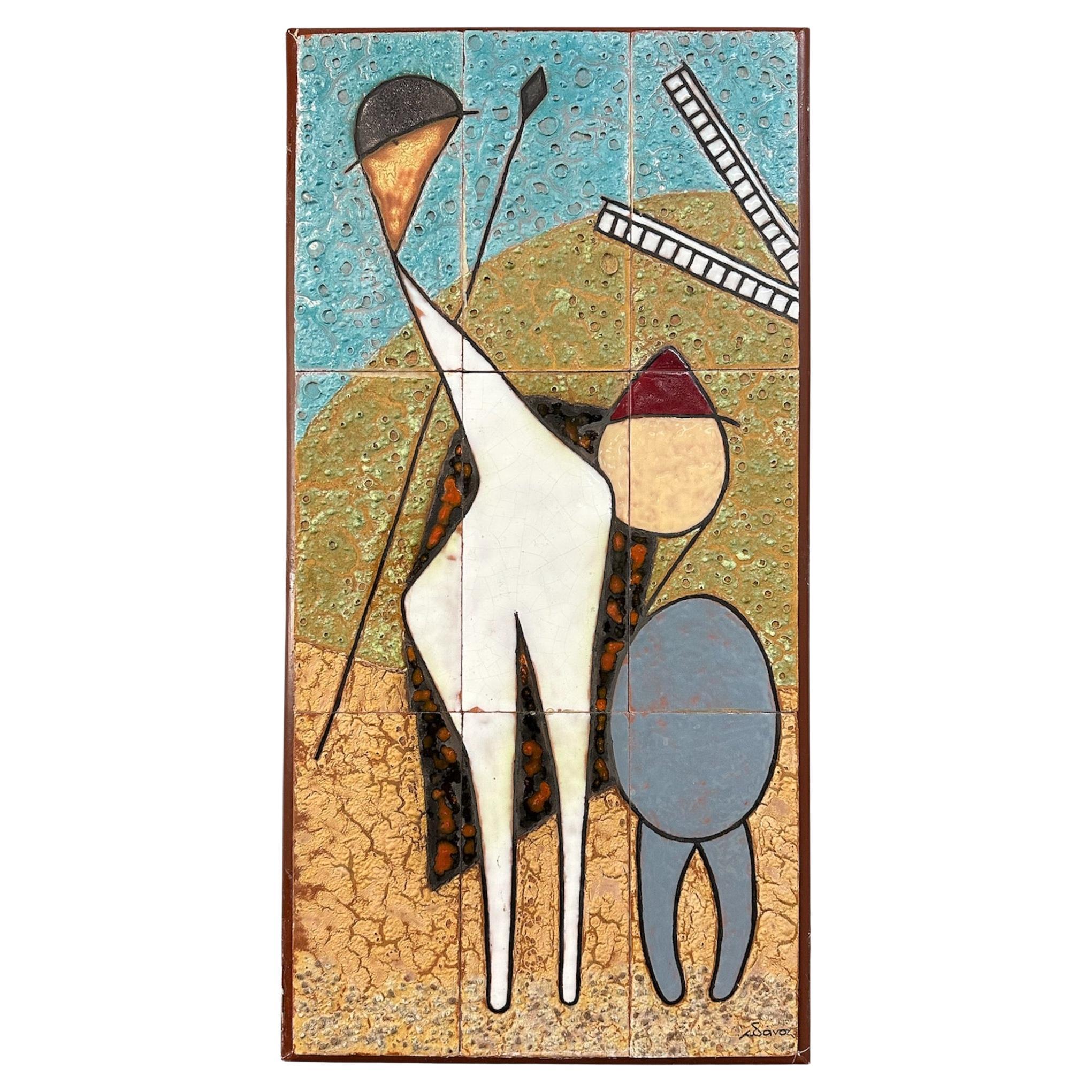 Plaque murale de Don Quichotte en céramique du milieu du siècle par Danos, Grèce, années 1960 en vente