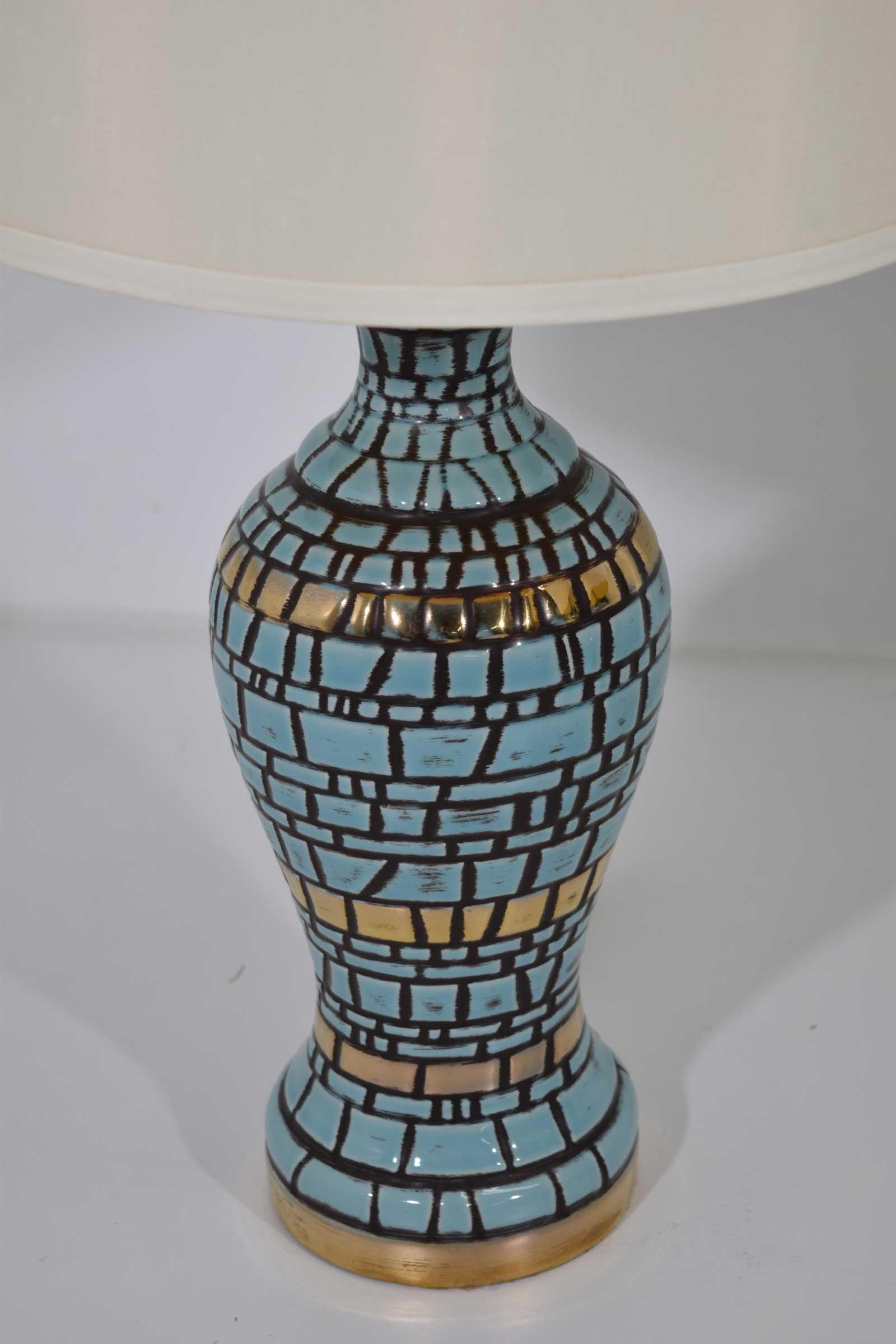 Very pretty lamps in ceramic tiles in turquoise with gold accents. Measurements are to top of harp and diameter is the shade.