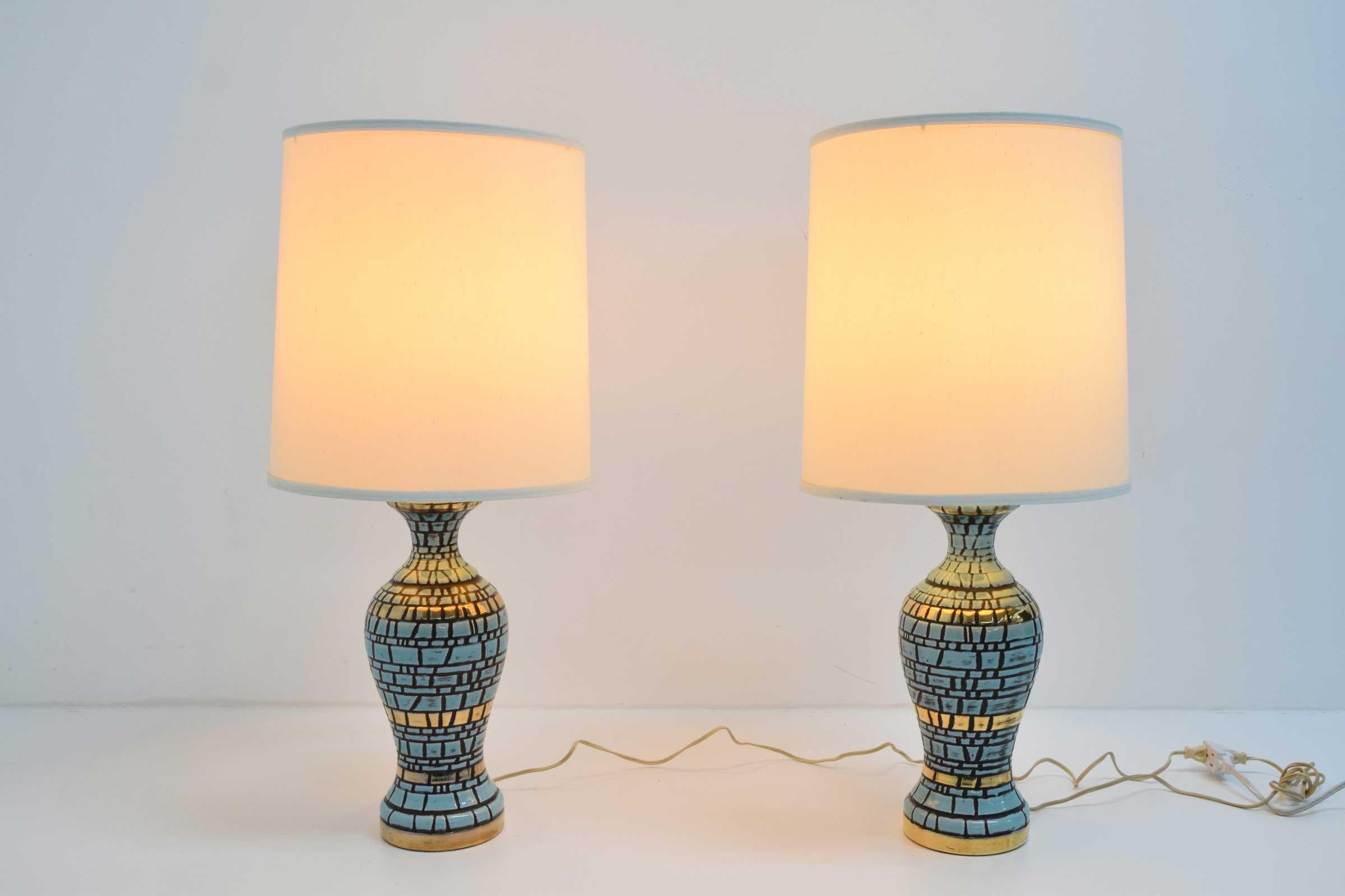 20th Century Midcentury Ceramic Tiled Lamps in Turquoise and Gold