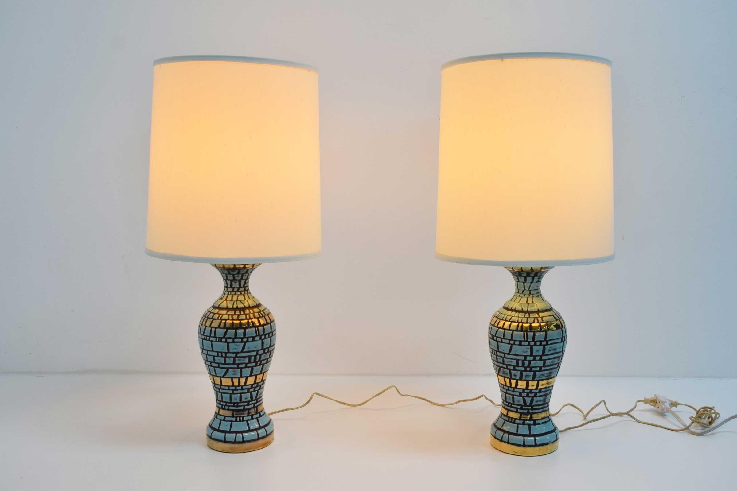 Midcentury Ceramic Tiled Lamps in Turquoise and Gold 1