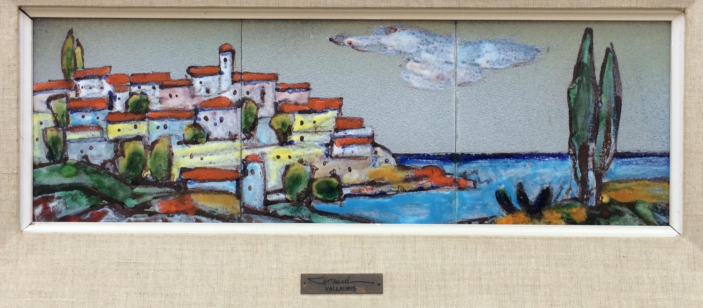 A fine work of art by listed French ceramic artist, Marcel Giraud made of tiles depicting a Mediterranean village overlooking the sea, in various shades of blue, beige, orange and other accentuating colors. Stunning details.

This framed wall