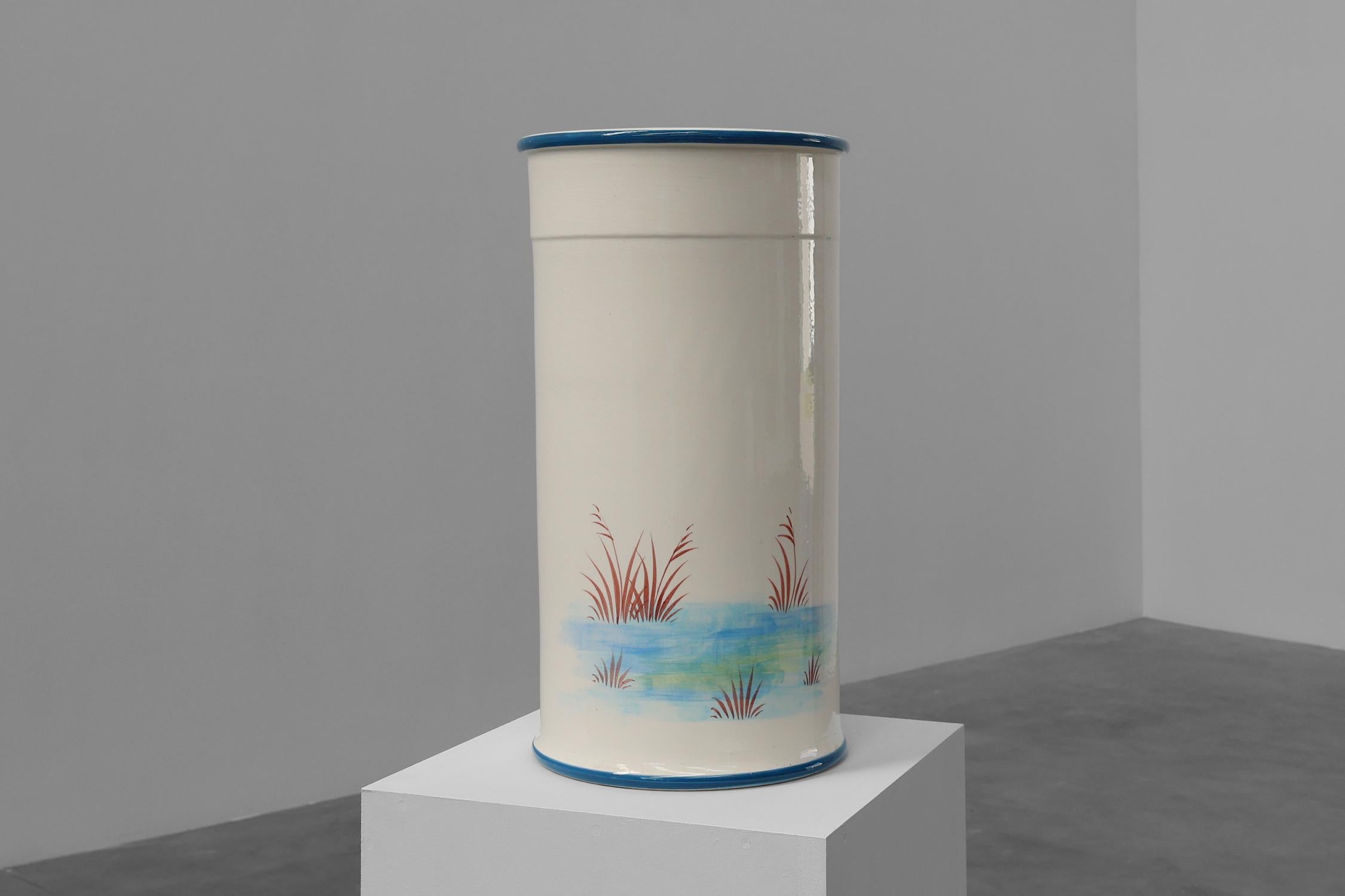 Glazed Mid-century ceramic umbrella stand with painted decorations, Italy 1950s For Sale