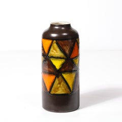 Mid-Century Ceramic Vase in Burnt Umber w/ Yellow & Orange Details by Aldo Londi