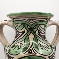 Mid Century Ceramic Vase in Green Black and Cream Signed, Spain