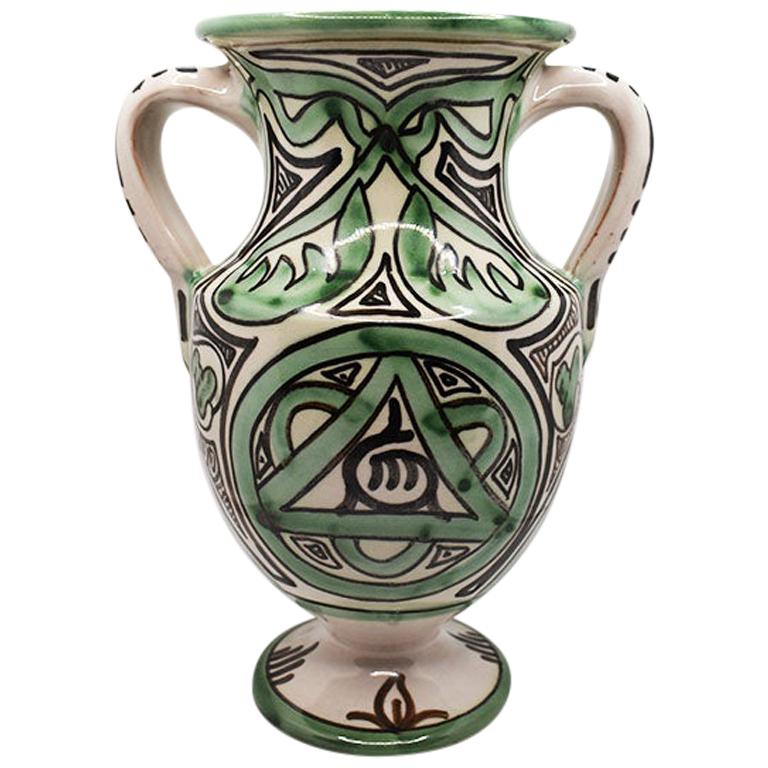 Mid Century Ceramic Vase in Green Black and Cream Signed, Spain