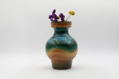 Mid-Century Ceramic Vase with Heavy Lip and in Blues, Greens and Tan