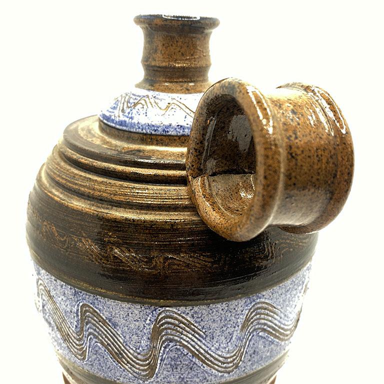 Folk Art Mid Century Ceramic Vessel Vase or Carafe in Blue and Brown, Signed For Sale