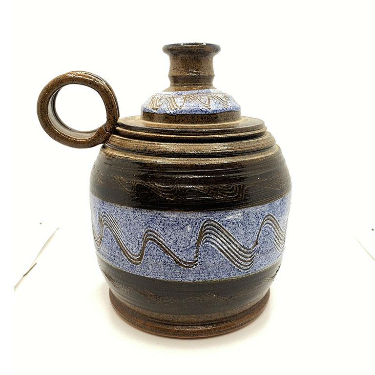 Glazed Mid Century Ceramic Vessel Vase or Carafe in Blue and Brown, Signed For Sale