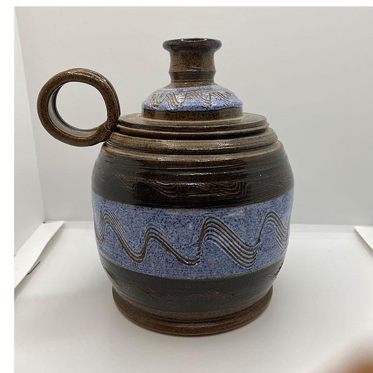 Mid Century Ceramic Vessel Vase or Carafe in Blue and Brown, Signed In Excellent Condition For Sale In Oklahoma City, OK