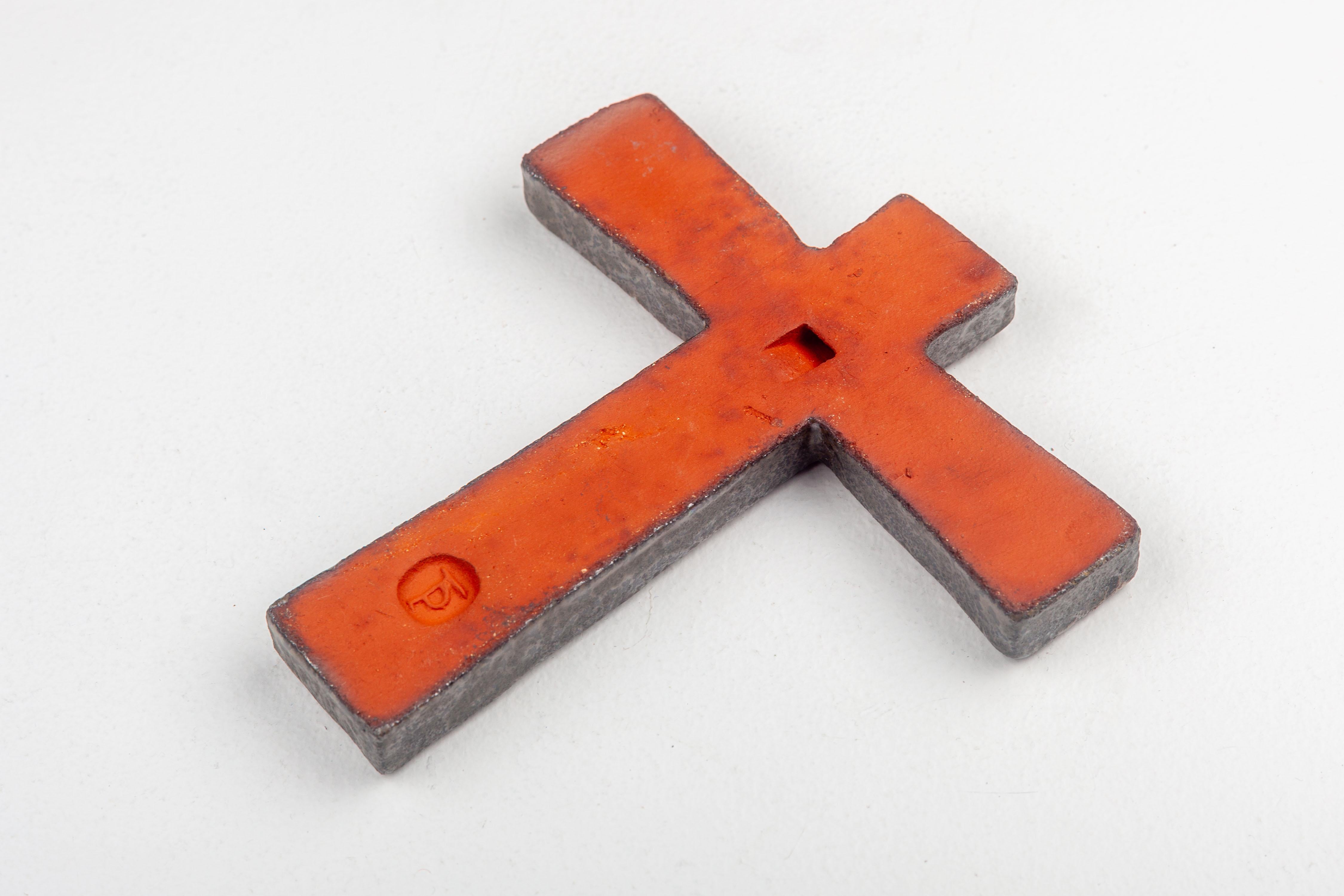 Mid-Century Modern Mid Century Ceramic Wall Cross, Red & Beige, Hand Made Studio Pottery, Europe For Sale